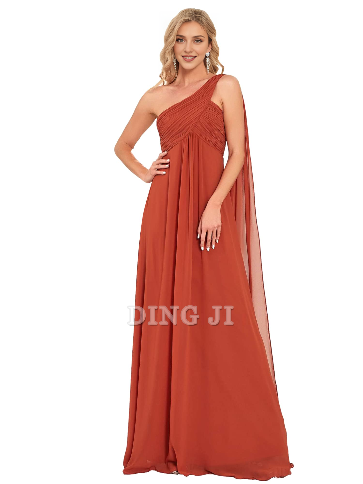 DingJiDress Bridesmaid Dresses One Shoulder Empire Waist Chiffon Pleated Elegant Long Formal Wear Dresses