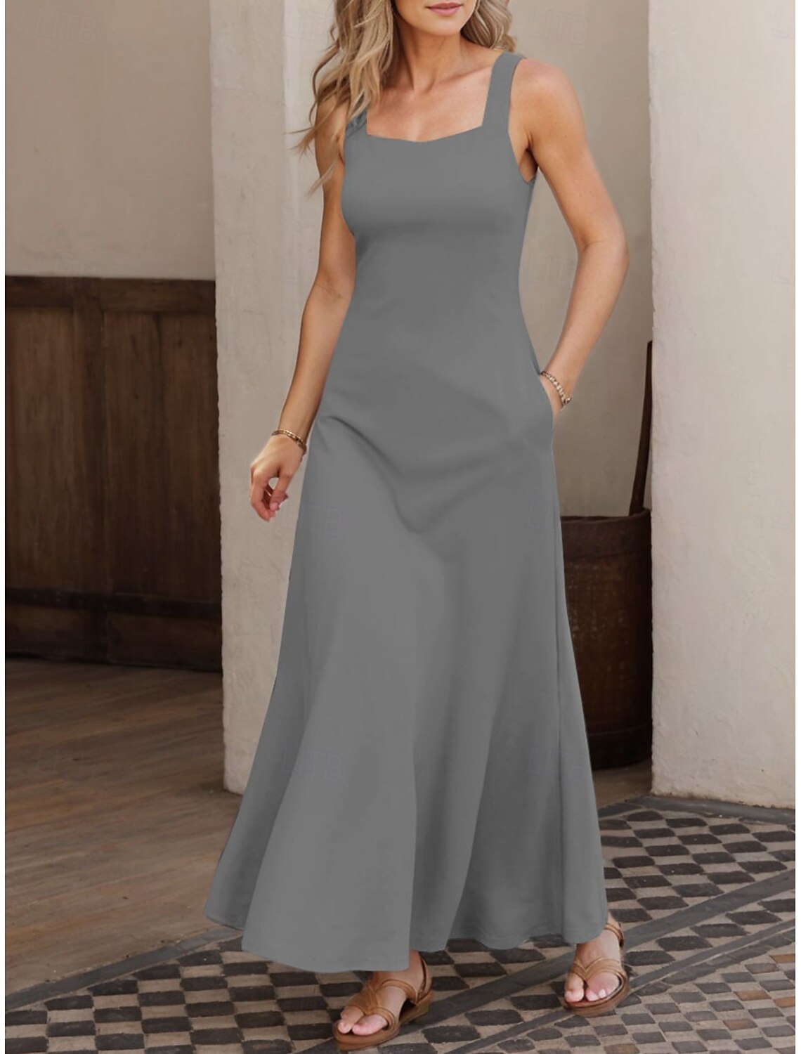 Women's Maxi Dress A Line Dress Summer Dress Off The Shoulder Dress Vacation Casual Party Date Regular Fit Solid Color Graphic Sleeveless Square Neck Black White Pink Gray Summer Spring