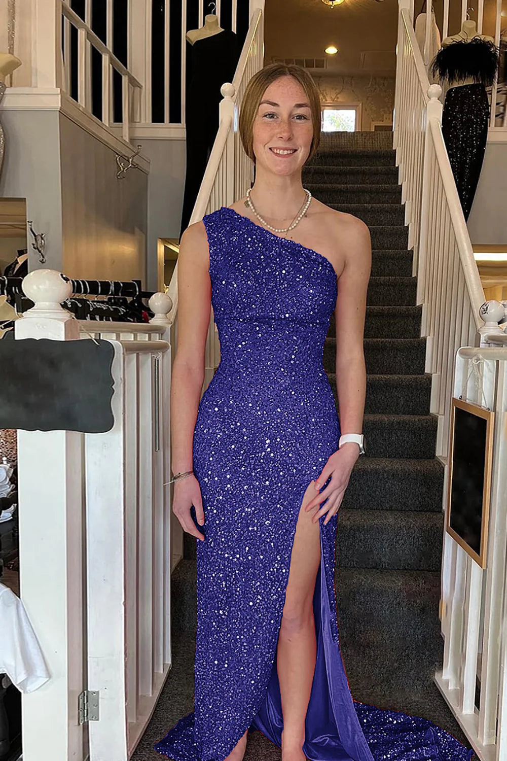 Navy Blue Single Shoulder Shiny Long Split Ball Dress