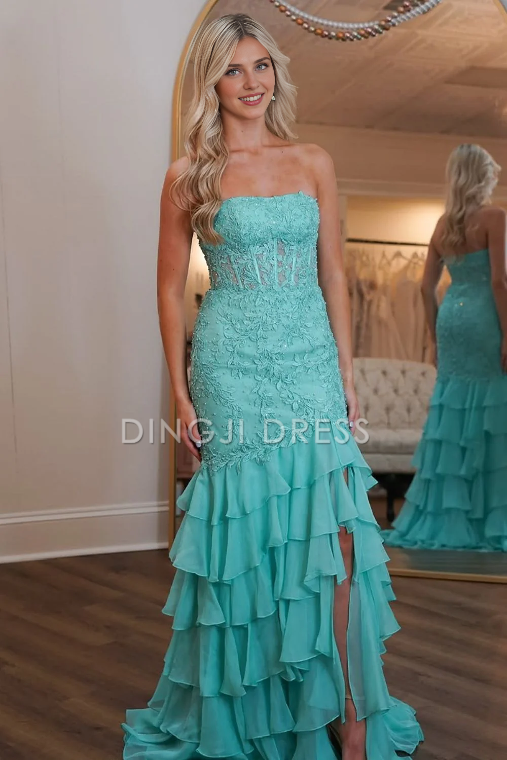 DingJiDress Charming Mermaid Strapless Lace Top Long Tiered Side Fork Exquisite Prom Dress