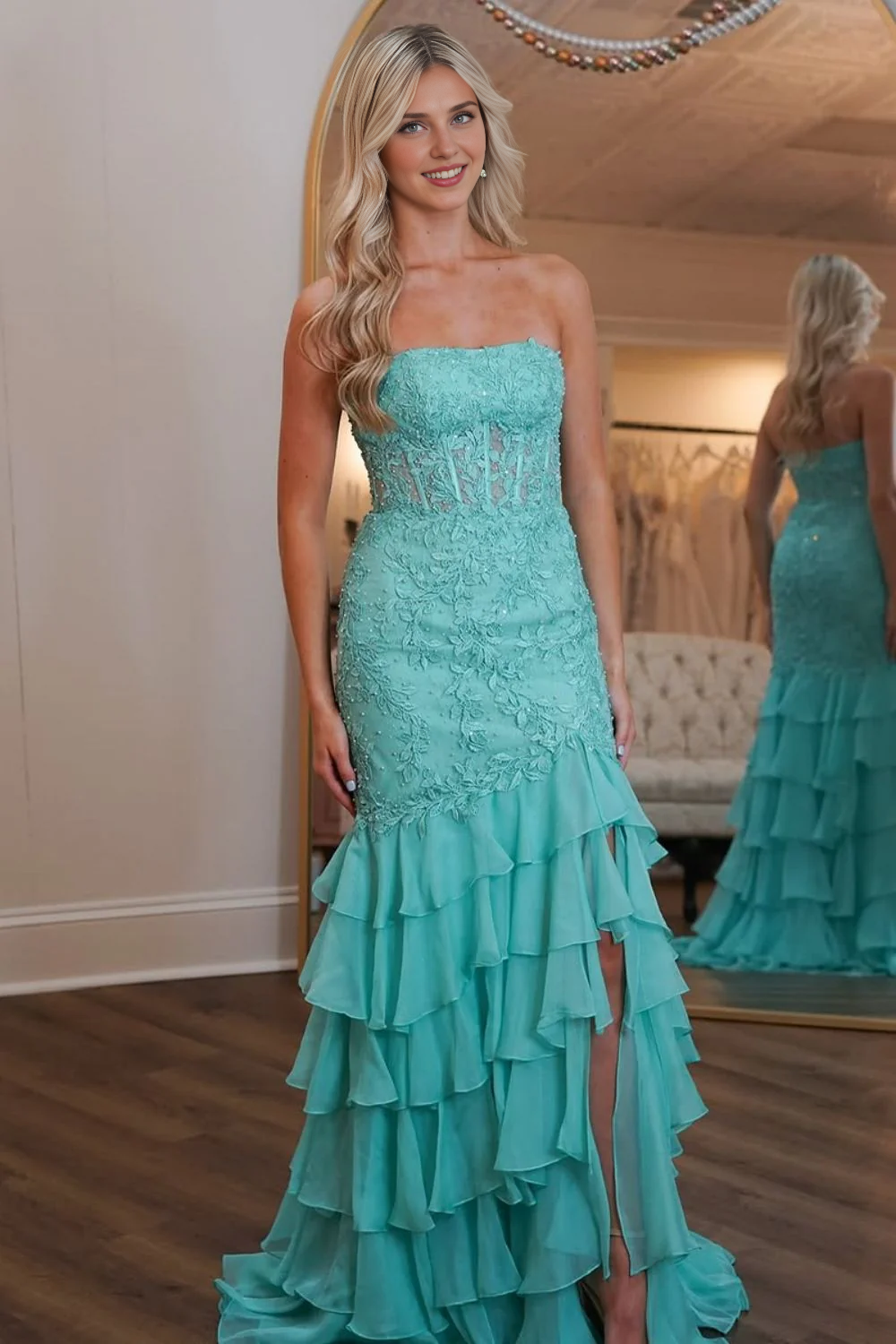 DingJiDress Charming Mermaid Strapless Lace Top Long Tiered Side Fork Exquisite Prom Dress