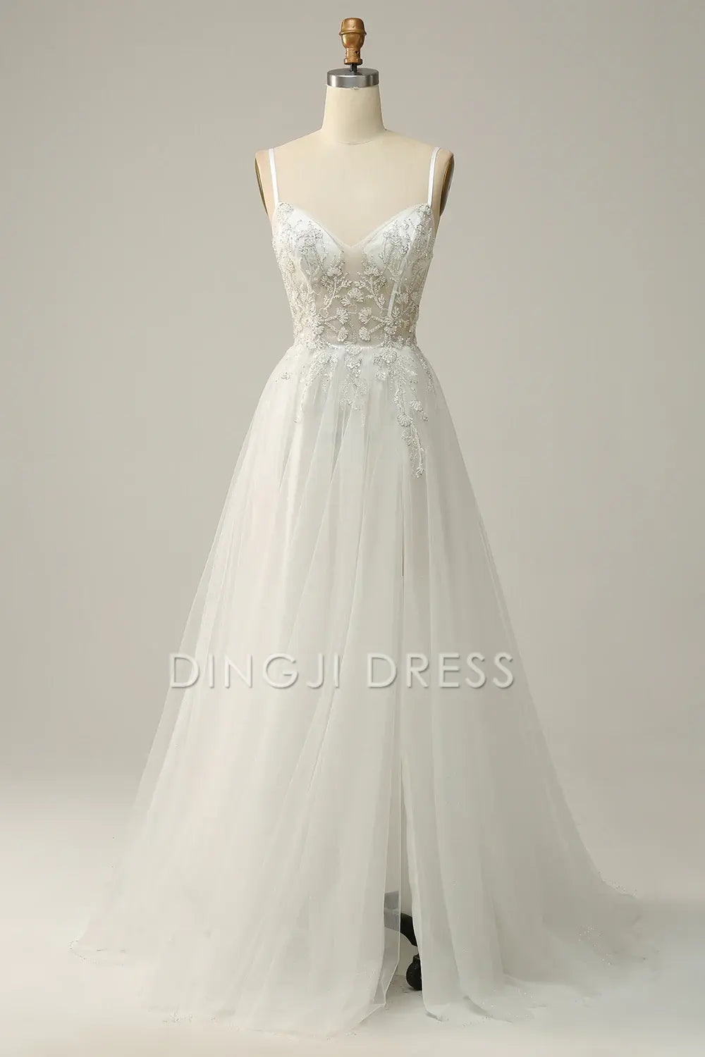 DingJiDress High Quality Dress Evening Dress Elegant A Line Spaghetti Straps Tulle Applique Side Fork Fantastic Long Prom Dress