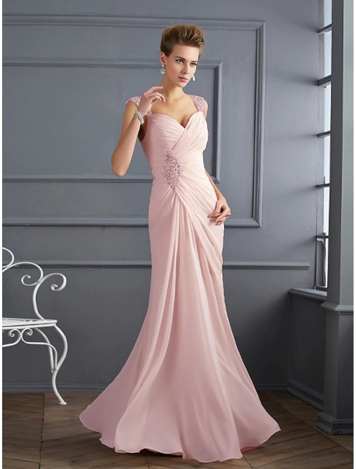Mermaid Evening Gown Elegant Dress Formal Wedding Guest Floor Length Sleeveless Spaghetti Strap Chiffon with Rhinestone Ruched
