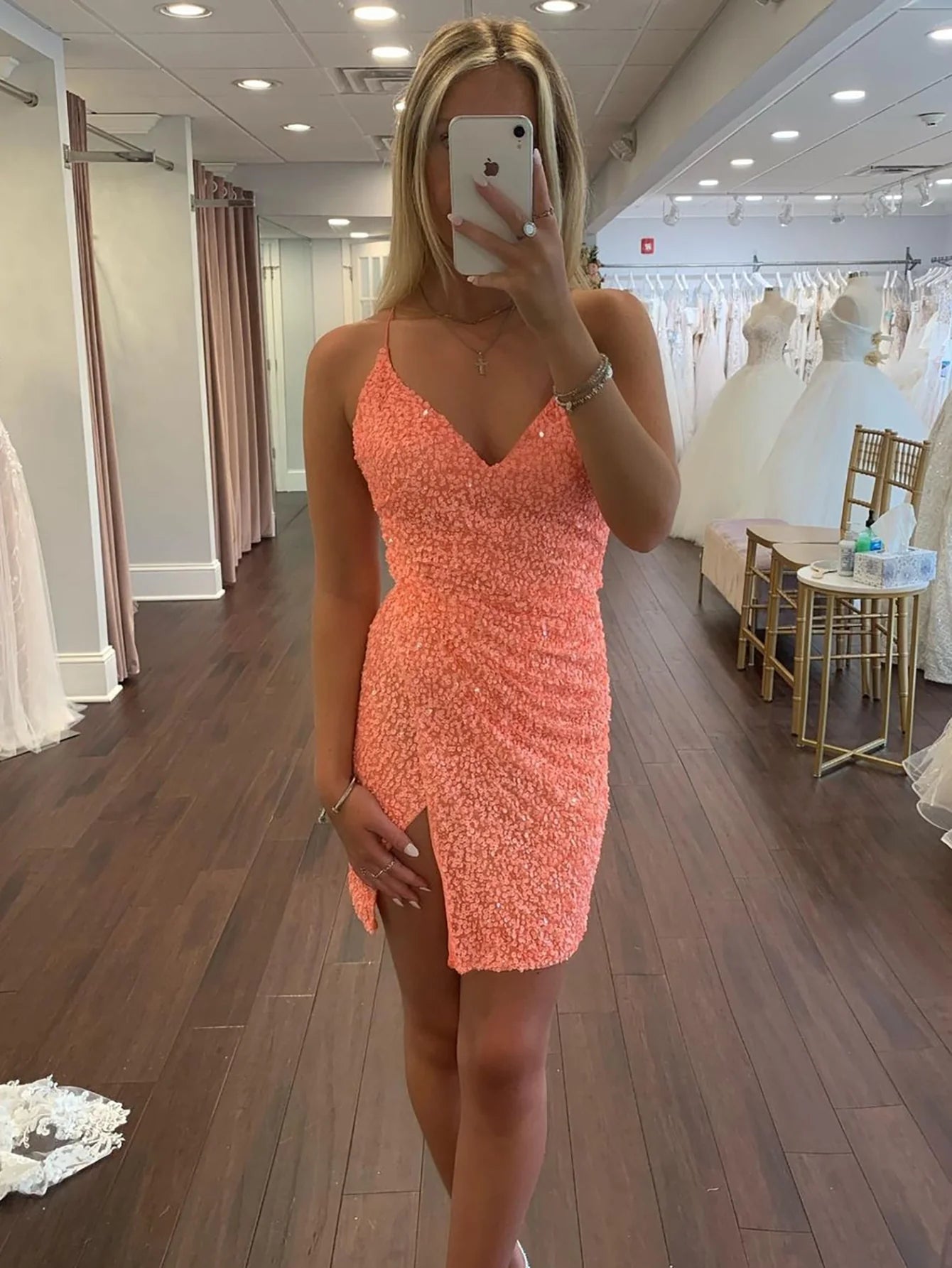 Orange short slim shoulder strap slit skirt
