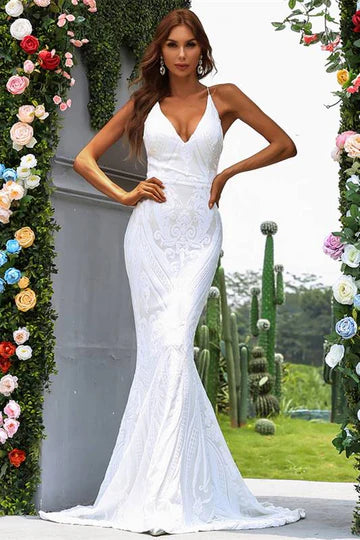 White Jacquard V-Neck Backless Mermaid Long Evening Dress
