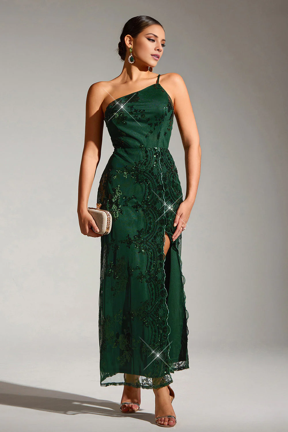 DingJiDress Elegant Bridesmaid Dresses Sparkly Dark Green One Shoulder Mermaid Sequin Long Party Dress with Slit