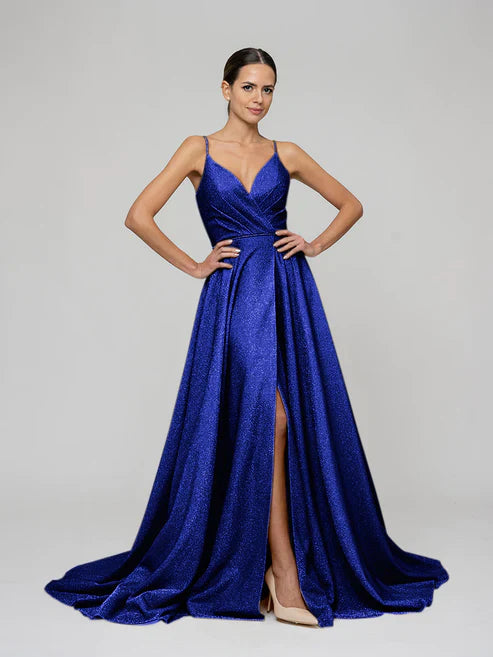 DingJiDress Sweep Train Metallic Glitter A Line Prom Dresses
