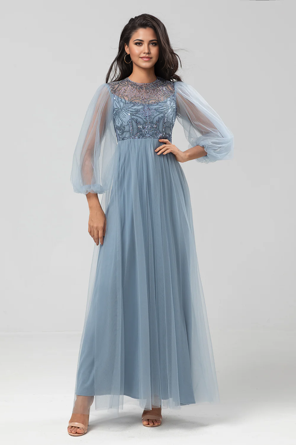 A-Line Evening Dress Tulle Beaded Dusty Blue Bridesmaid Dress With Long Sleeves