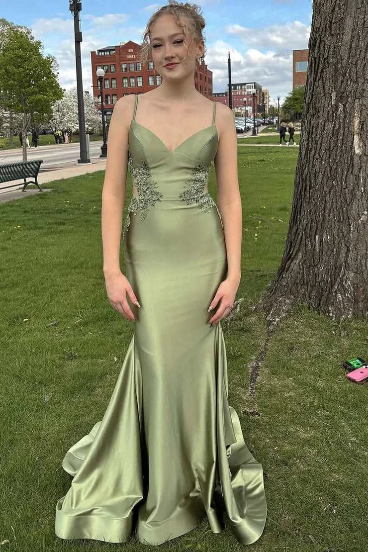 Charming Mermaid V Neck Sage Green Satin Prom Dress with Applqiues