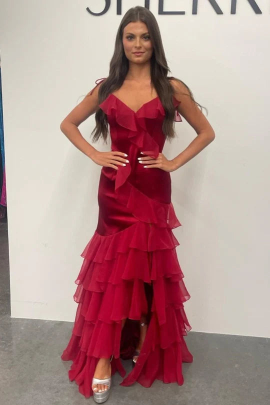 Emerald Green V-Neck Ruffle Long Prom Dress with Slit