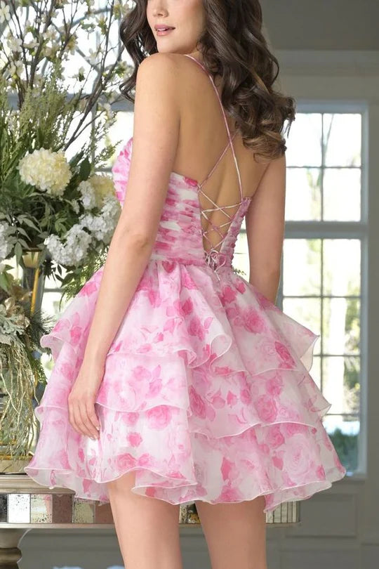 Spaghetti Straps A-Line Sweetheart Print Layered Short Homecoming Dress
