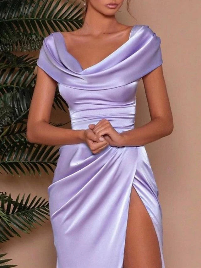 Light purple long split V-neck floor length evening gown