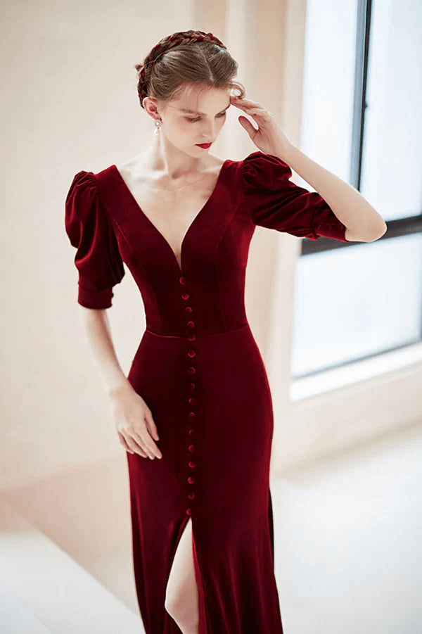 Wine Red Velvet Long Mermaid Prom DressShort Sleeves Evening Dress with Slit