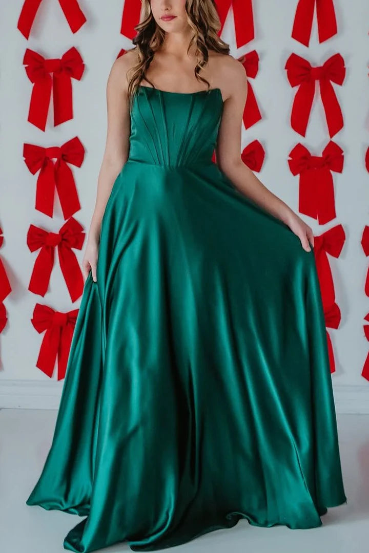 Satin A-Line Scoop Empire-Waist Pleated Sleeveless Prom Dress