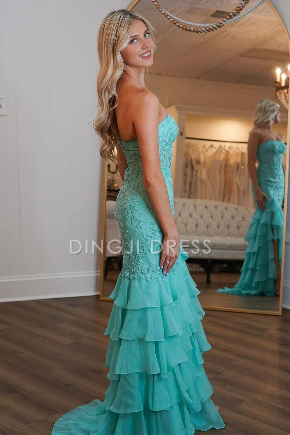 DingJiDress Charming Mermaid Strapless Lace Top Long Tiered Side Fork Exquisite Prom Dress