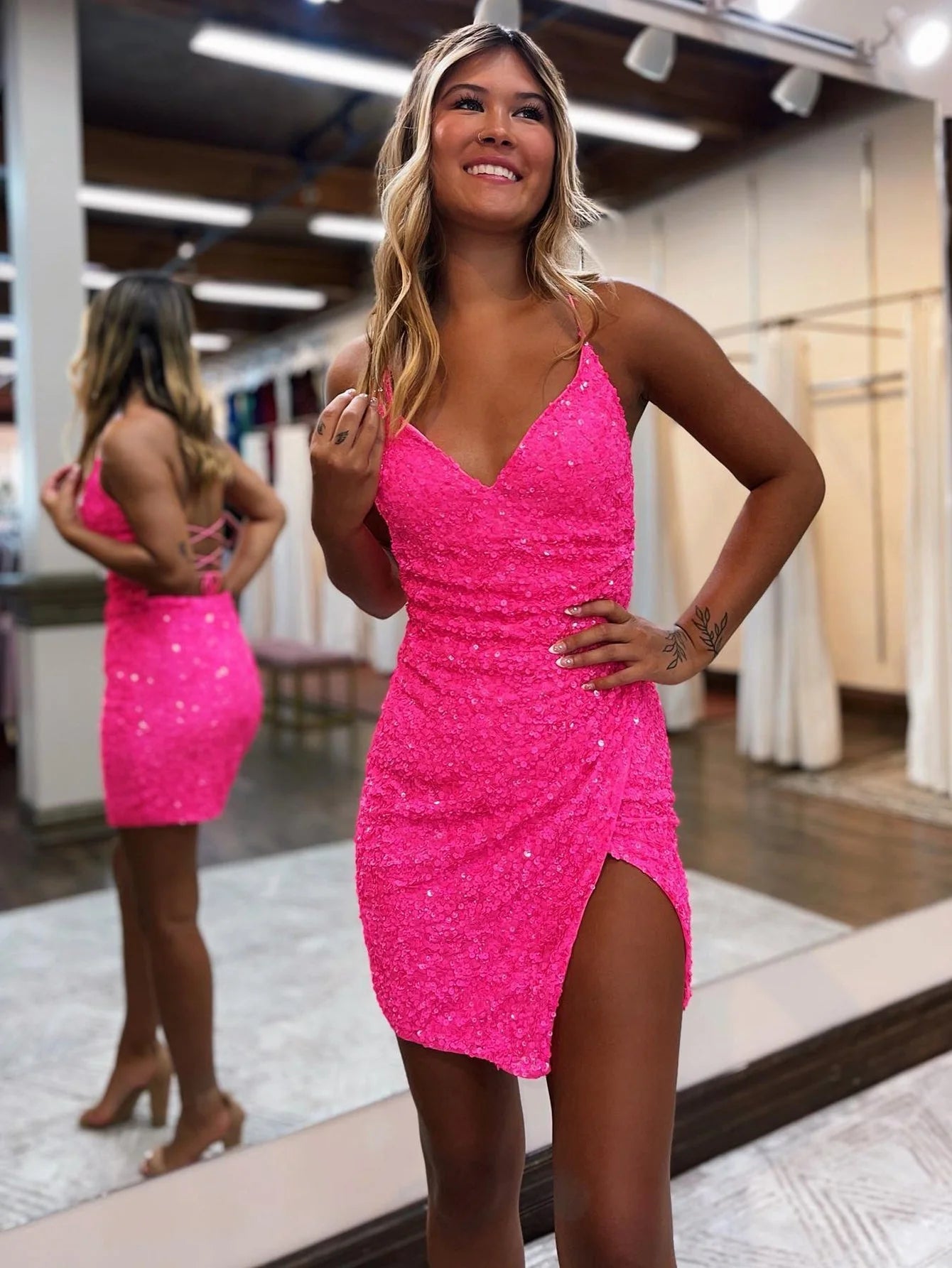 Hot pink lace up V-neck back school dress with crossed back