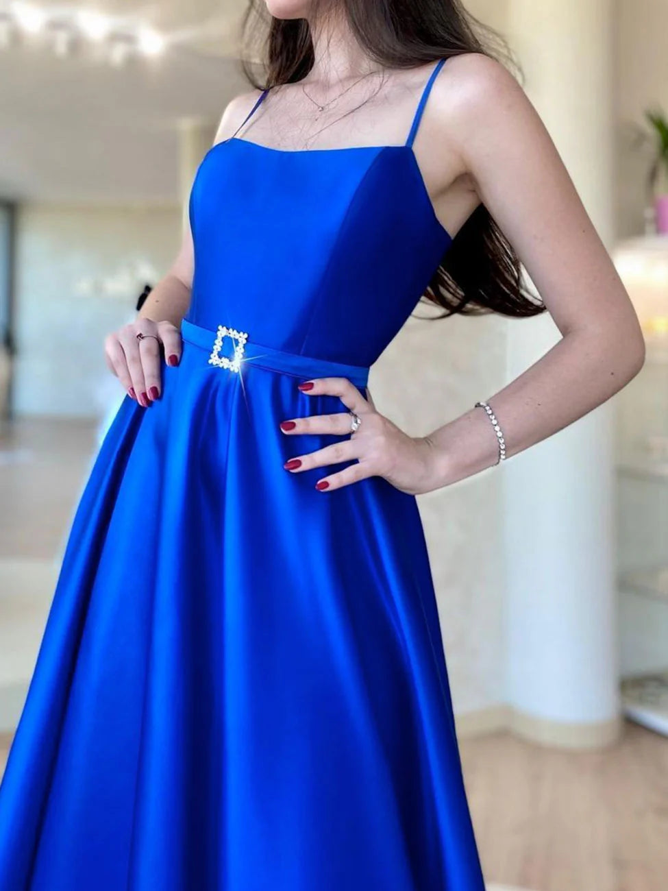 Simple Blue Satin Long Prom Dresses Blue Formal Party Dress