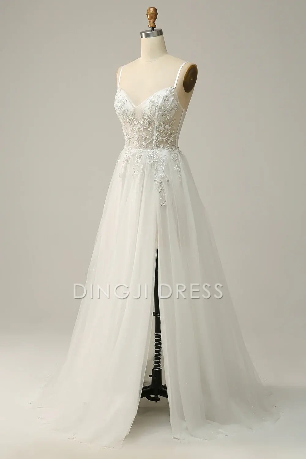 DingJiDress High Quality Dress Evening Dress Elegant A Line Spaghetti Straps Tulle Applique Side Fork Fantastic Long Prom Dress