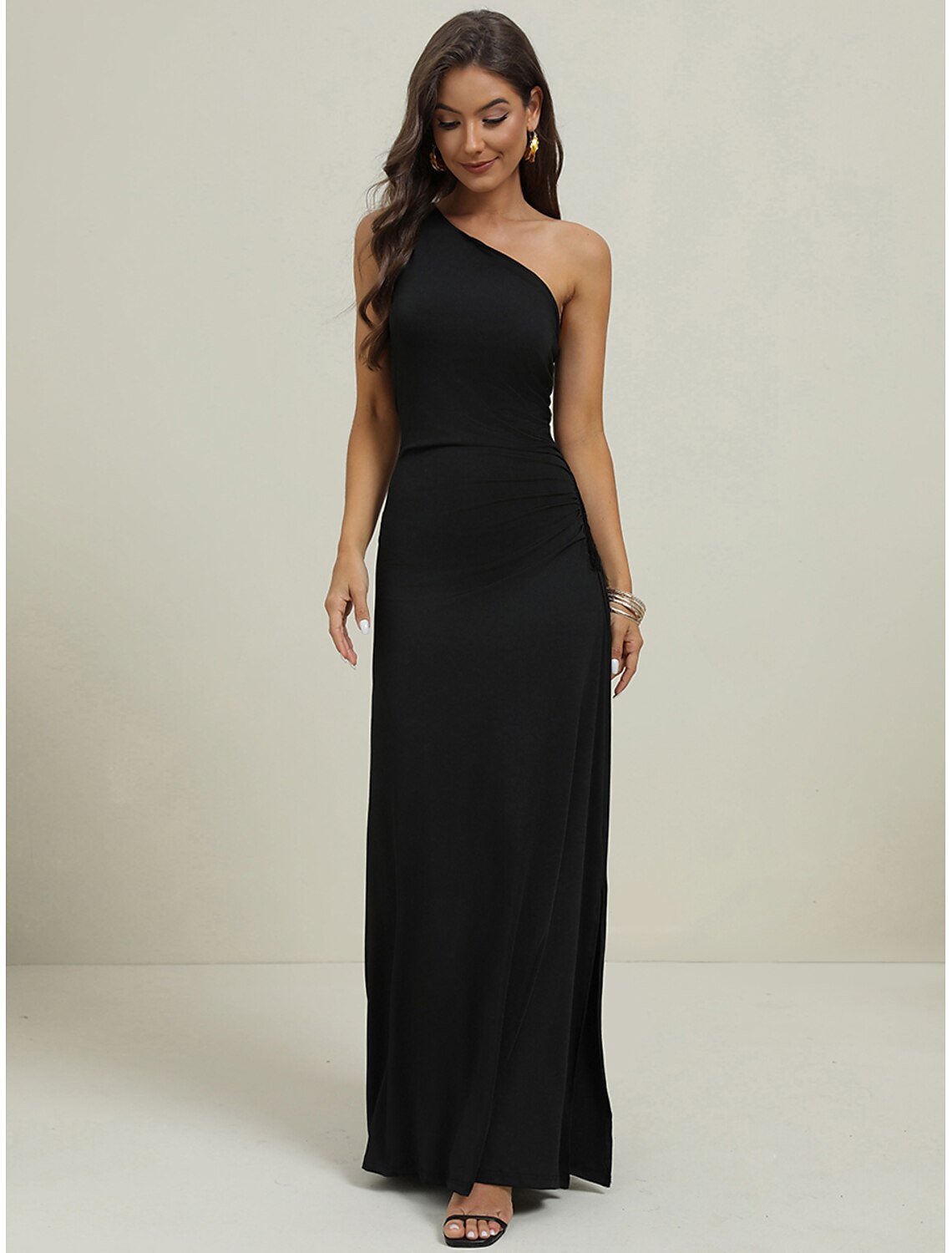 Women's Long Dress Maxi Dress Black Dress Prom Dress Party Dress Sheath Dress Fashion Party Elegant Dress Vacation Wedding Guest Special Occasion Regular Fit Pure Color Sleeveless One Shoulder Black