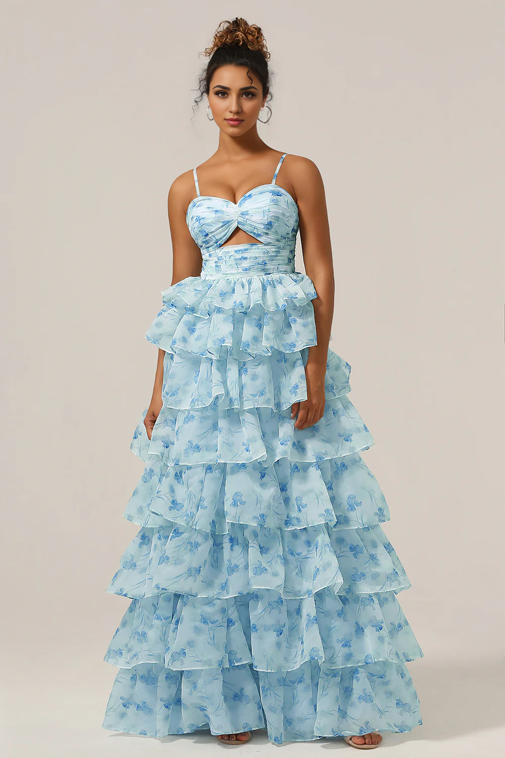 DingJiDress Blue Flower A-Line Prom Dresses Spaghetti Straps Tiered Floor Length Dress