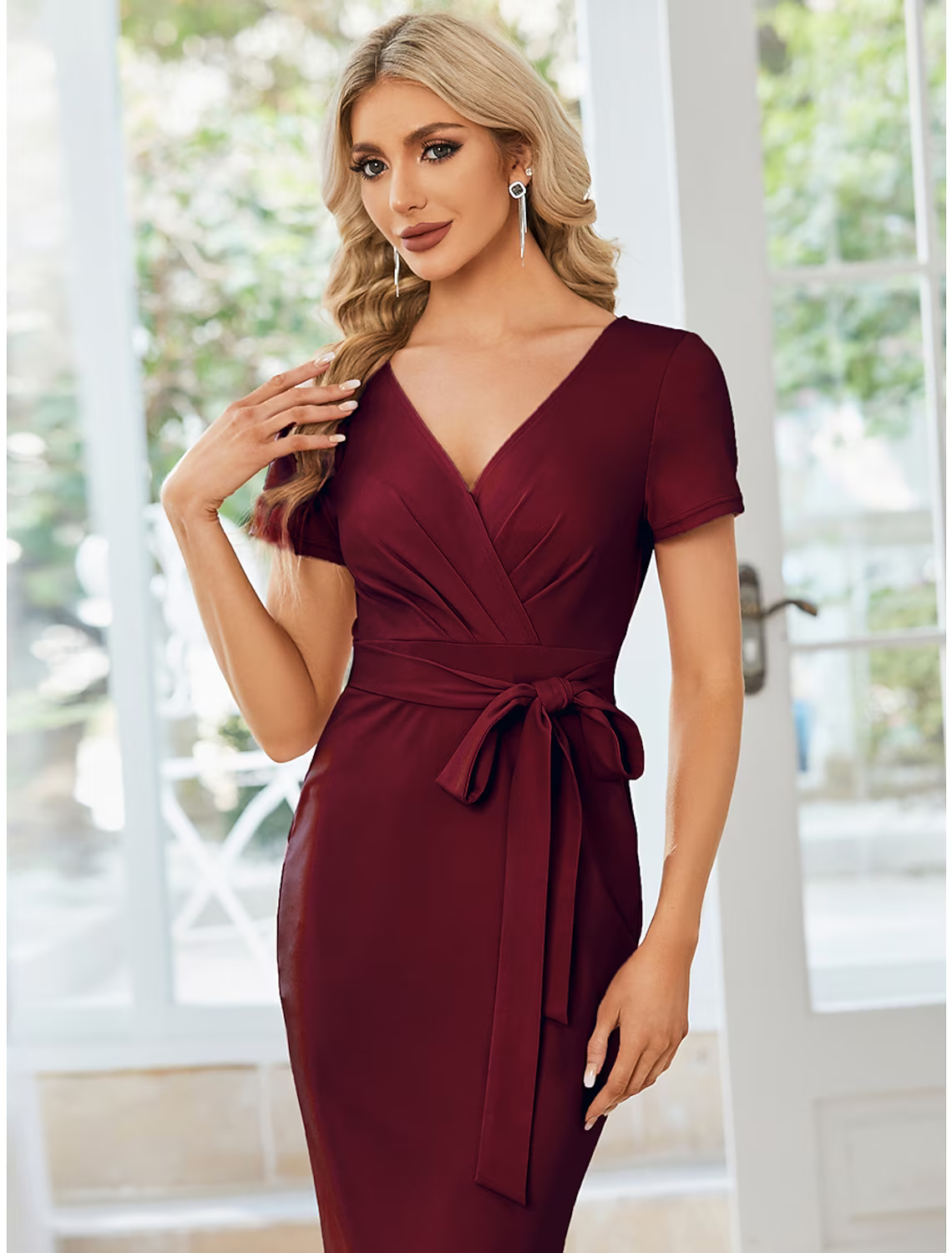 Wedding Guest Dresses Dress Party Wear Length Short Sleeve V Neck Stretch Fabric with Slit Strappy