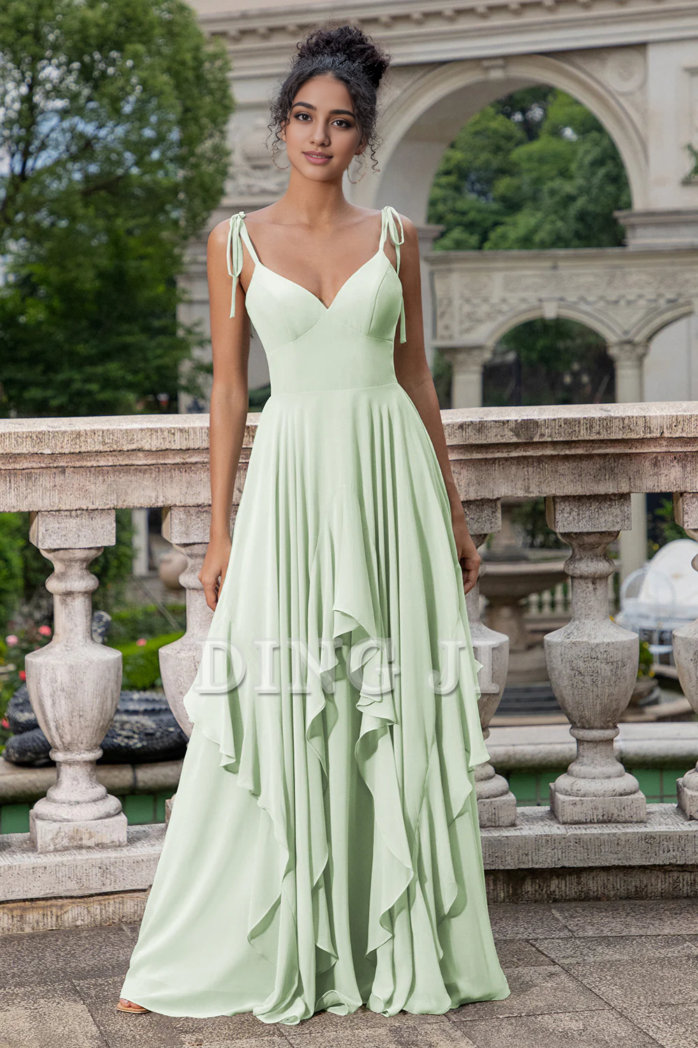 DingJiDress Prom Dress A Line Spaghetti Straps Chiffon Long Bridesmaid Dress Ruffles Lace up Formal Women's Dresses Wedding Guests Dresses