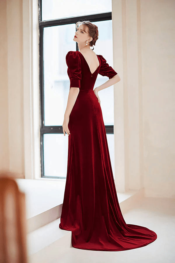 Wine Red Velvet Long Mermaid Prom DressShort Sleeves Evening Dress with Slit