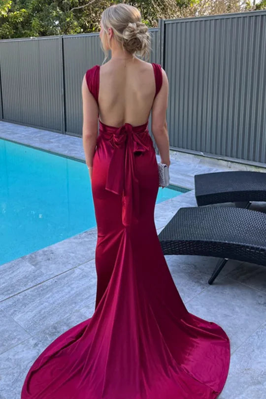 Burgundy Mermaid Straps Satin Pleated Long Formal Prom Dress with Train