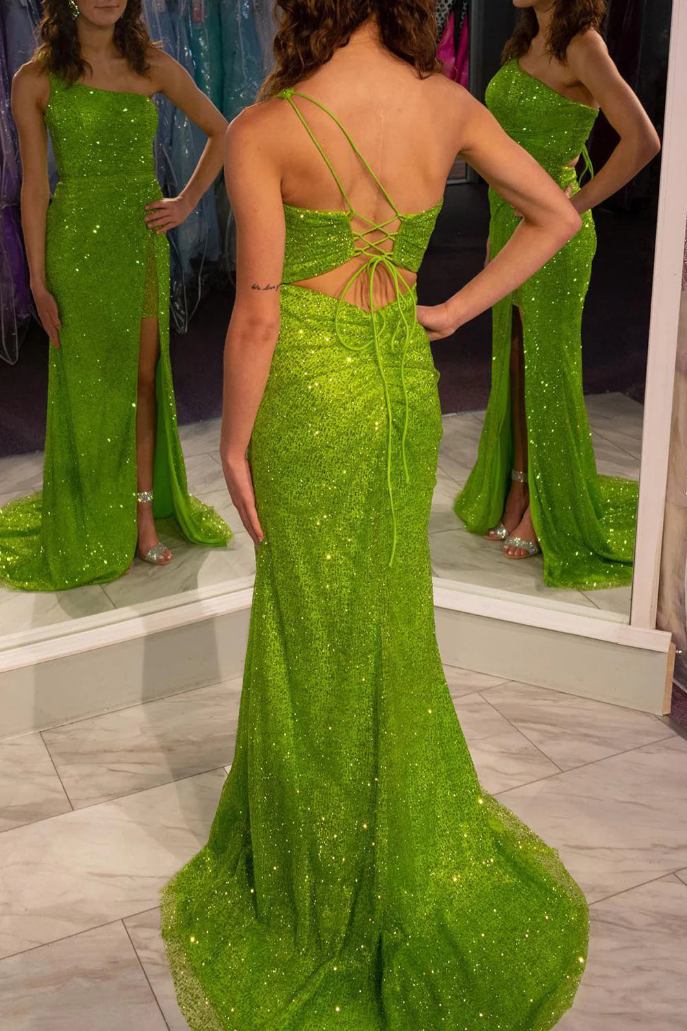 Green sequined mermaid one shoulder long suspender ball dress