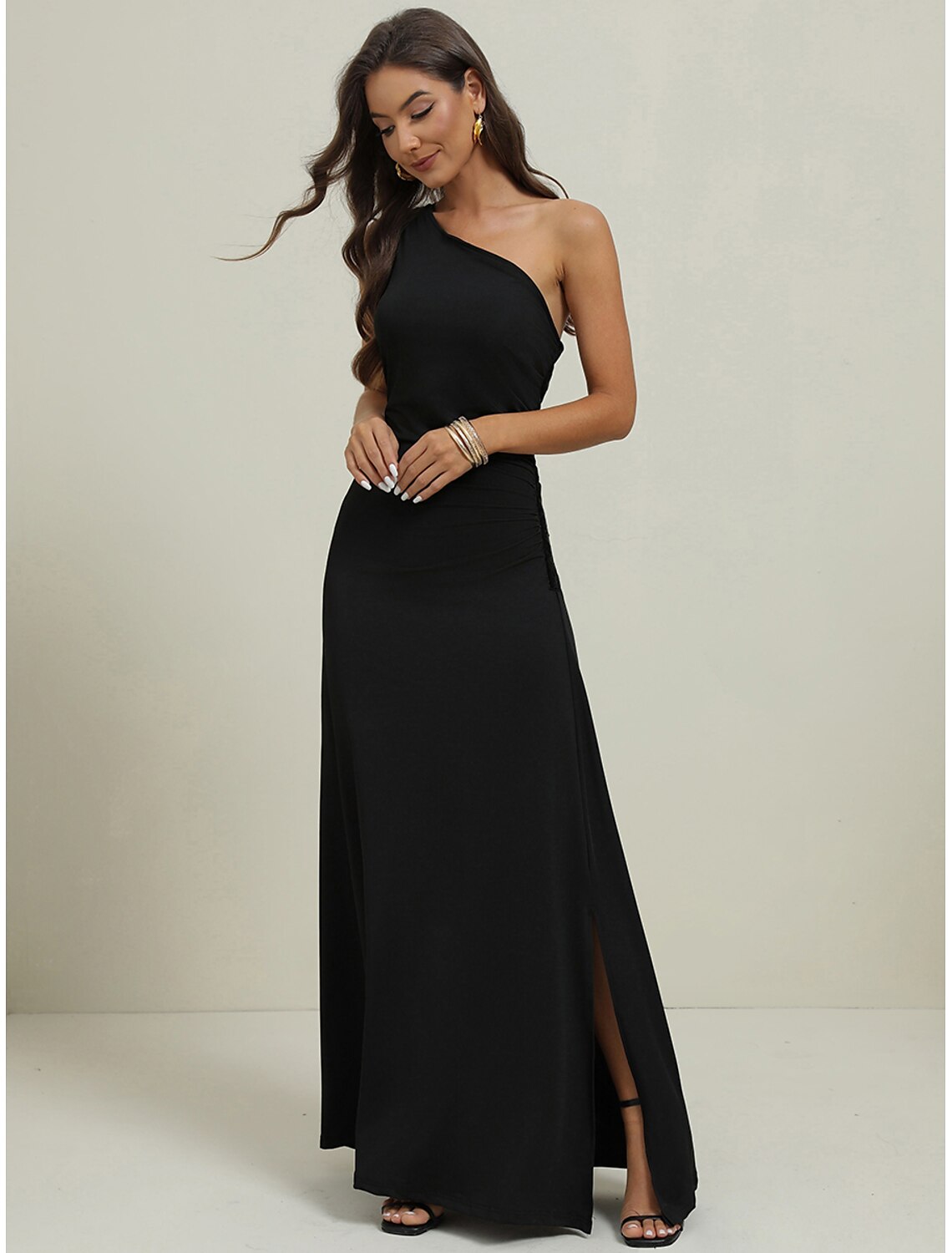 Women's Long Dress Maxi Dress Black Dress Prom Dress Party Dress Sheath Dress Fashion Party Elegant Dress Vacation Wedding Guest Special Occasion Regular Fit Pure Color Sleeveless One Shoulder Black