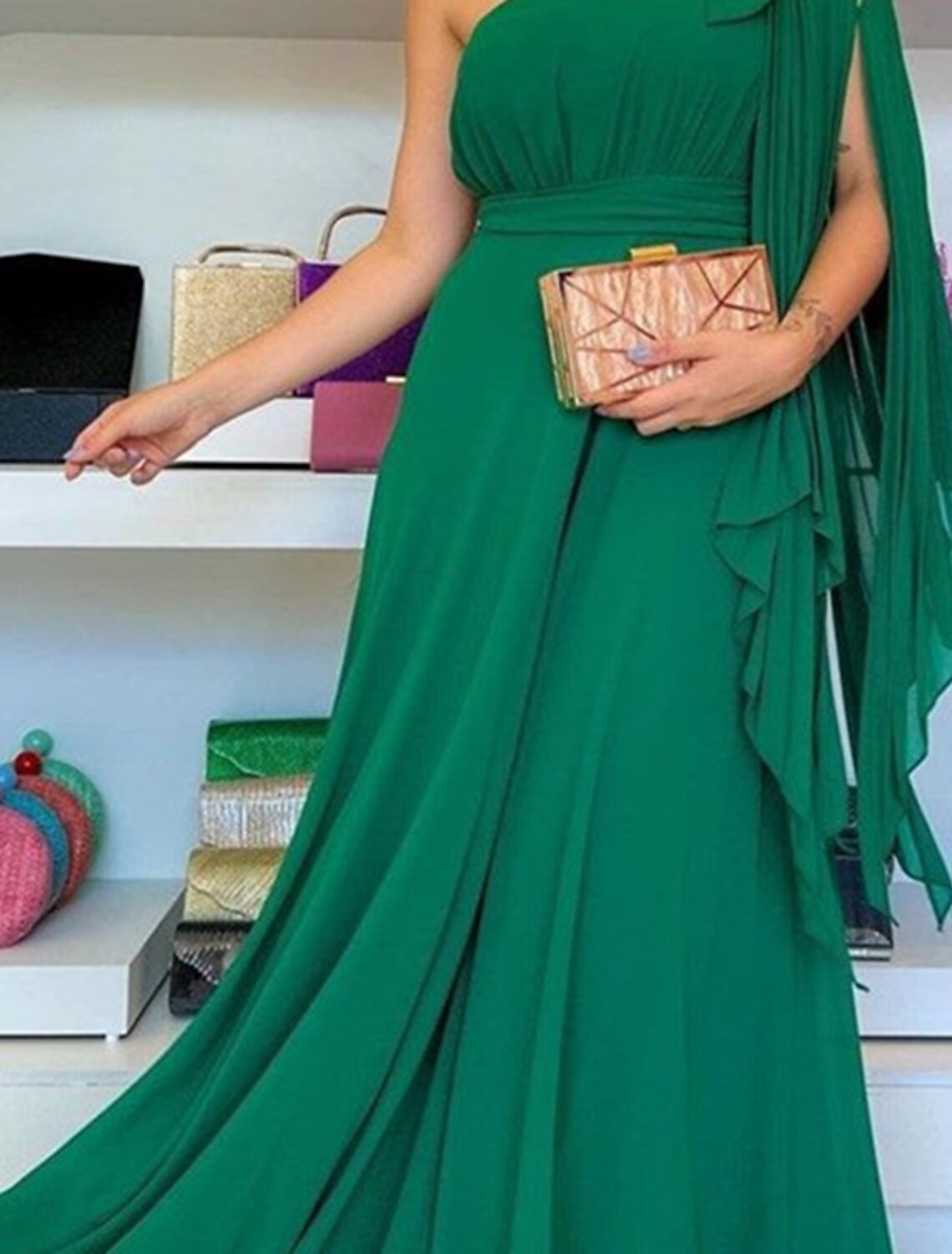 A-Line Evening Gown Elegant Dress Formal Wedding Guest Sweep / Brush Train Sleeveless One Shoulder Capes Chiffon with Ruffles