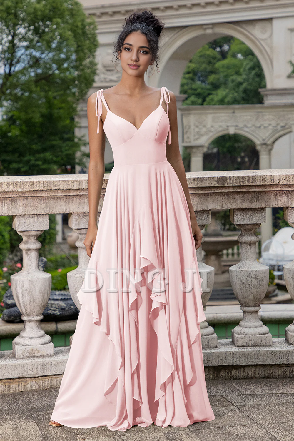 DingJiDress Prom Dress A Line Spaghetti Straps Chiffon Long Bridesmaid Dress Ruffles Lace up Formal Women's Dresses Wedding Guests Dresses