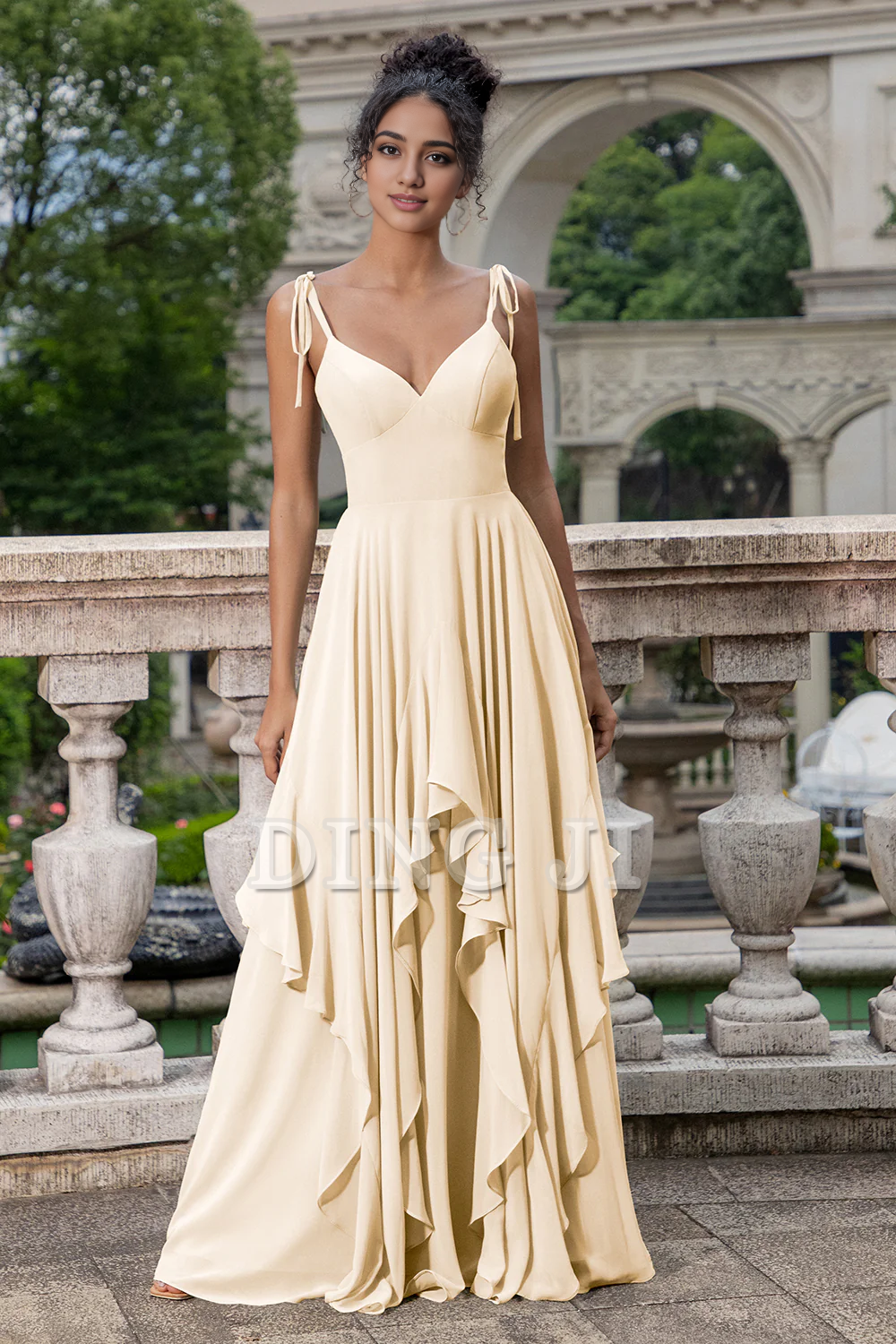DingJiDress Prom Dress A Line Spaghetti Straps Chiffon Long Bridesmaid Dress Ruffles Lace up Formal Women's Dresses Wedding Guests Dresses