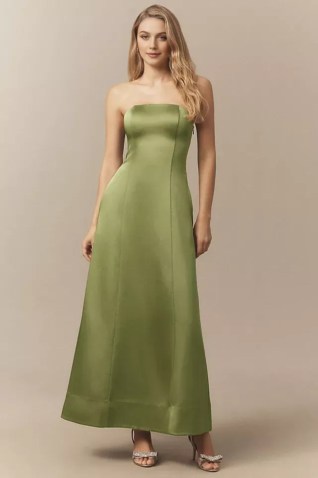 Elegant Green Sheath Strapless Sleeveless Lace Up Back Ankle Length Ruffled Satin Prom Dresses