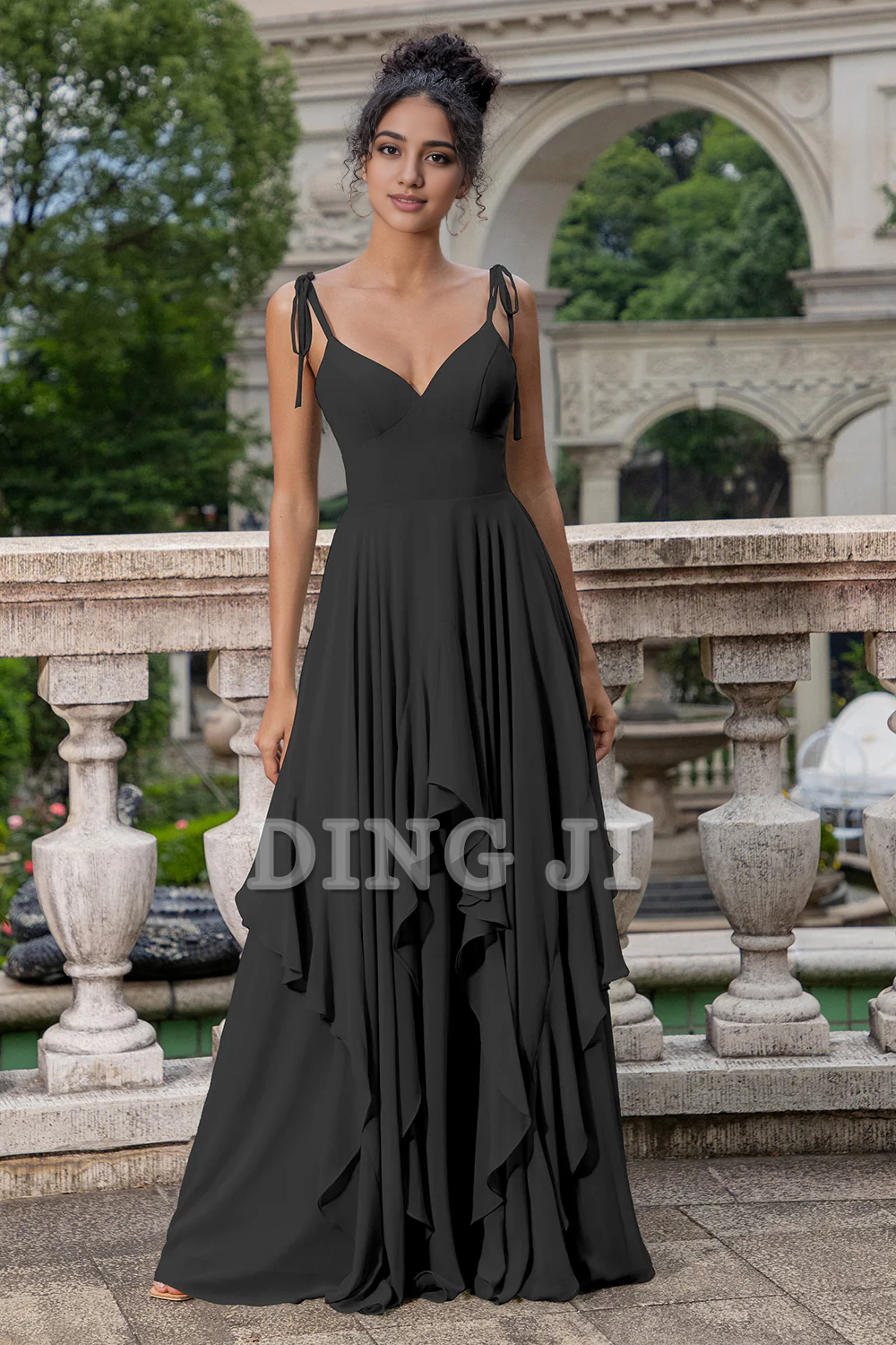 DingJiDress Prom Dress A Line Spaghetti Straps Chiffon Long Bridesmaid Dress Ruffles Lace up Formal Women's Dresses Wedding Guests Dresses