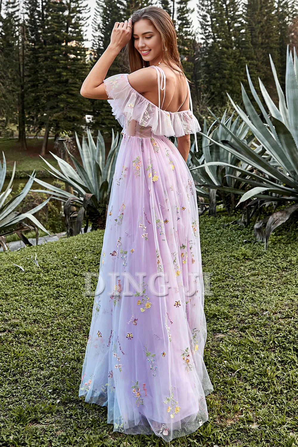 DingJiDress Prom Dress A-Line V-Neck Spaghetti Straps Ruched Embroidery Lace Sweet Formal Women's Dresses Wedding Guests Dresses