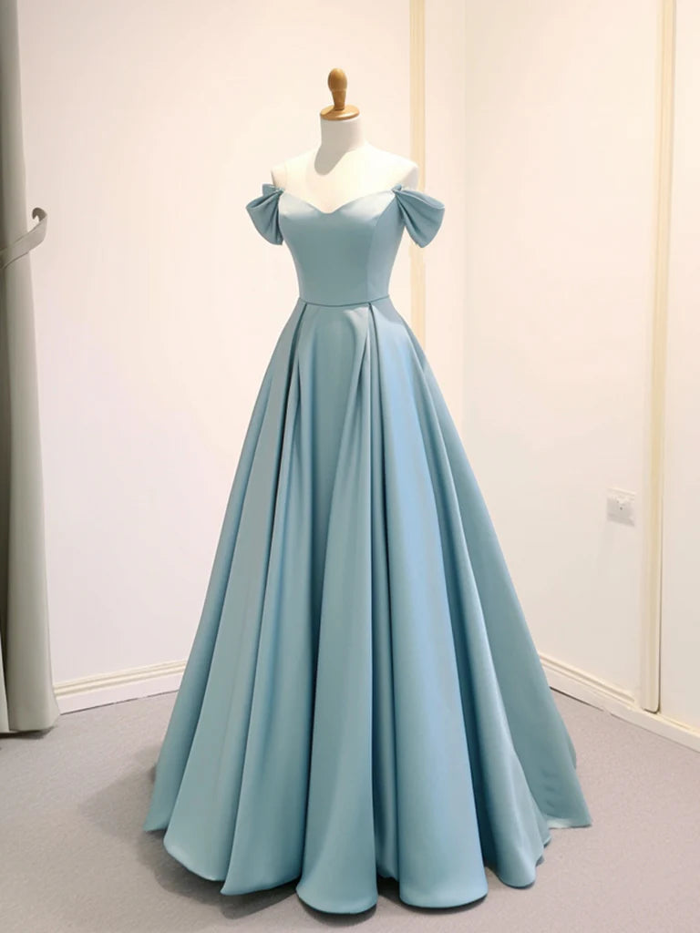 A-Line Off Shoulder Satin Blue Long Prom Dress Blue Long Formal Dress