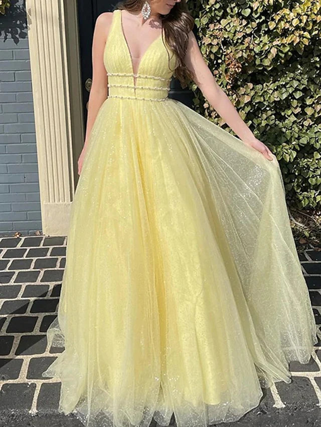 Light yellow long chiffon V-neck sleeveless backless mop dance evening dress