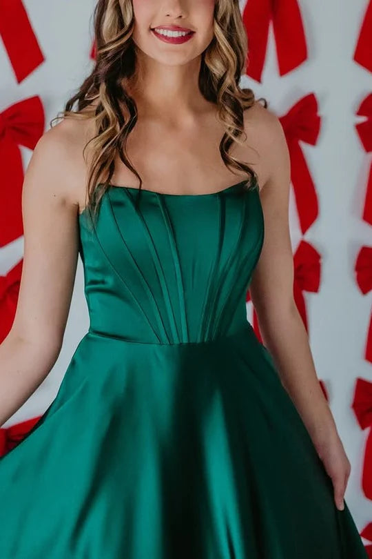 Satin A-Line Scoop Empire-Waist Pleated Sleeveless Prom Dress