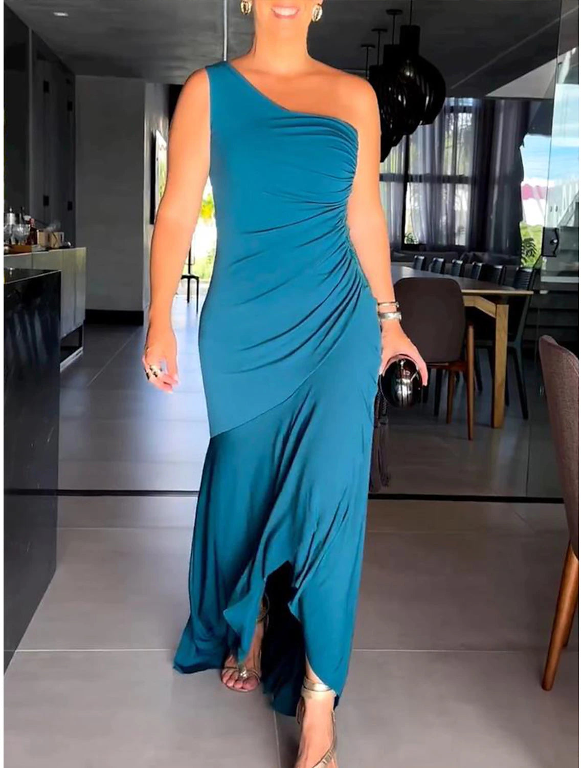 Women's Long Dress Maxi Dress Black Dress Prom Dress Party Dress Wedding Guest Dress Fashion Party Mature Winter Dress Wedding Guest Special Occasion Regular Fit Pure Color Sleeveless One Shoulder #9637239