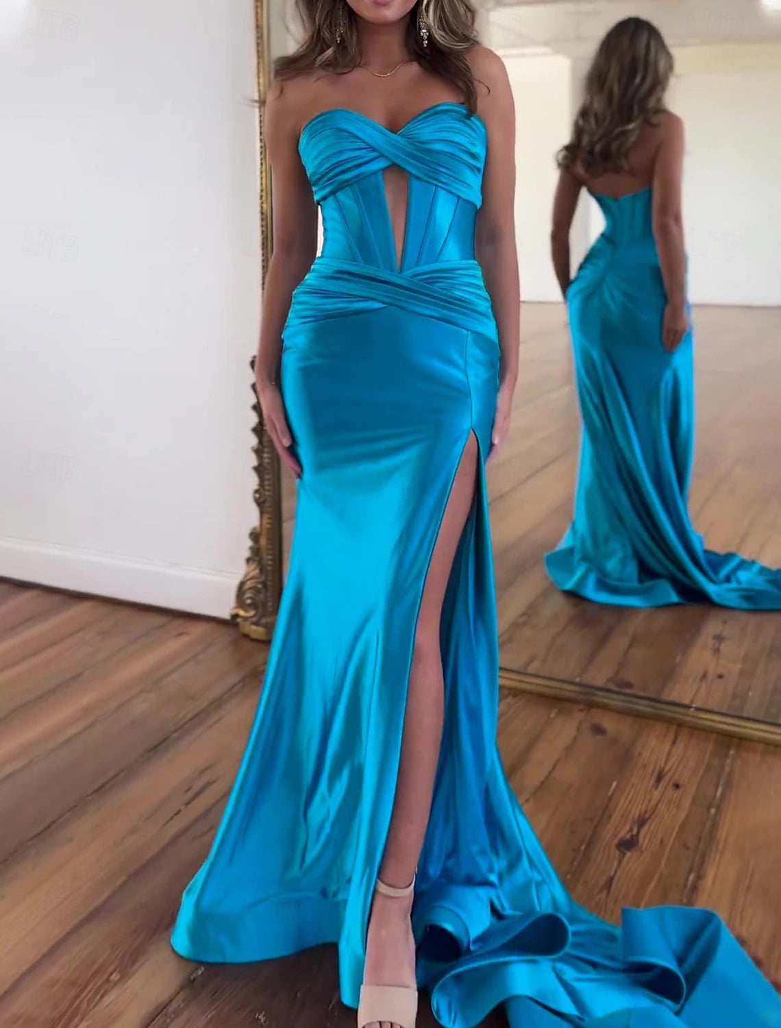 A-Line Prom Dresses Elegant Dress Formal Floor Length Sleeveless Strapless Satin with Ruched Slit