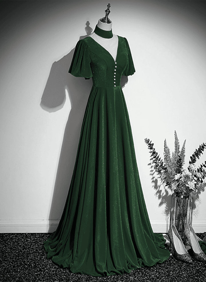 A-line Green Velvet High Neckline Long Party DressGreen Velvet Prom Dress