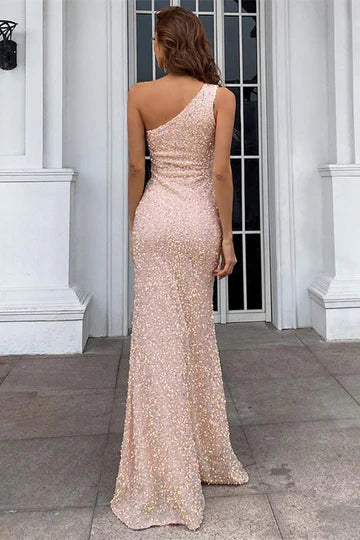 Glamorous Pink Bodycon Mermaid One-Shoulder Sleeveless Sequin Zip-Back Floor-Length Side Leg Slit Prom Dress