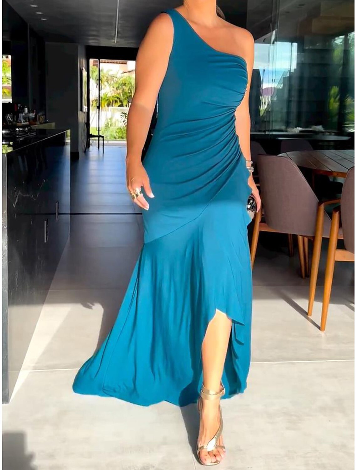 Women's Long Dress Maxi Dress Black Dress Prom Dress Party Dress Wedding Guest Dress Fashion Party Mature Winter Dress Wedding Guest Special Occasion Regular Fit Pure Color Sleeveless One Shoulder #9637239