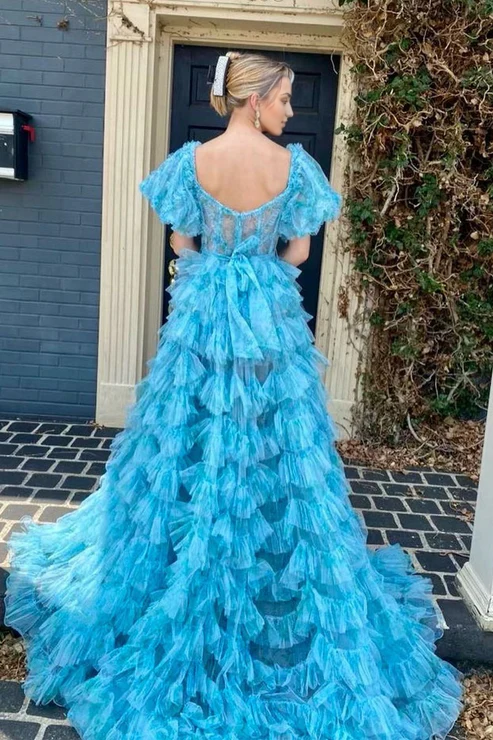 DingJiDress Long Prom Dresses Floral Printed Ruffle Tiered Tulle Puff Sleeves Evening Dress