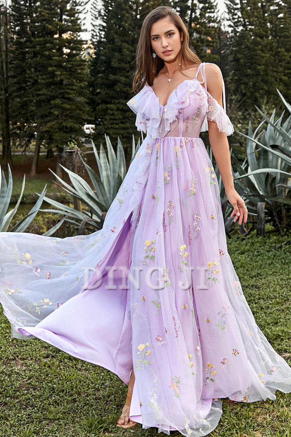DingJiDress Prom Dress A-Line V-Neck Spaghetti Straps Ruched Embroidery Lace Sweet Formal Women's Dresses Wedding Guests Dresses