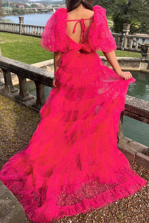 DingJiDress Fuchsia Two Piece Graduation Dresses Sweetehart Sparkly Tulle Long Prom Dresses