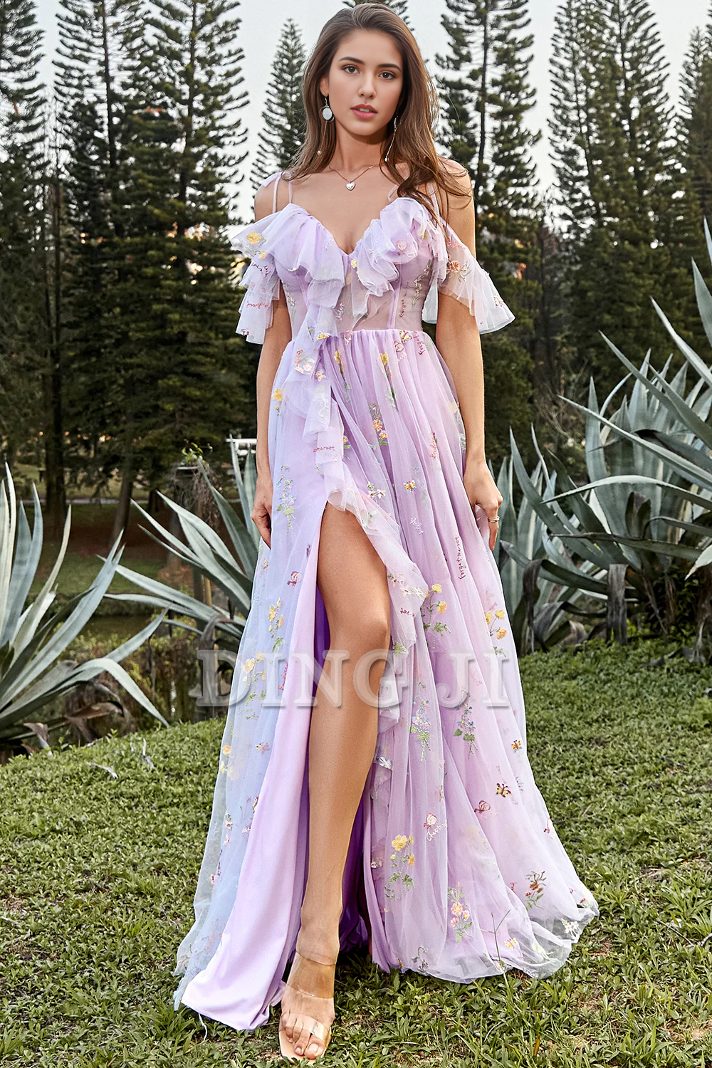 DingJiDress Prom Dress A-Line V-Neck Spaghetti Straps Ruched Embroidery Lace Sweet Formal Women's Dresses Wedding Guests Dresses