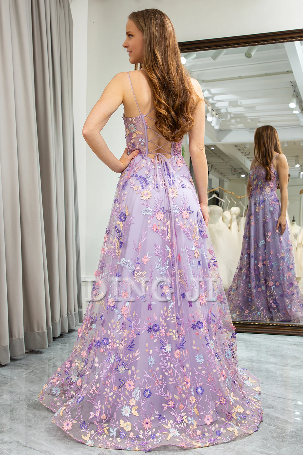 DingJiDress Prom Dress A Line Spaghetti Straps Front Slit Tulle Lace Applique Long Gorgeous Formal Women's Dresses Wedding Guests Dresses