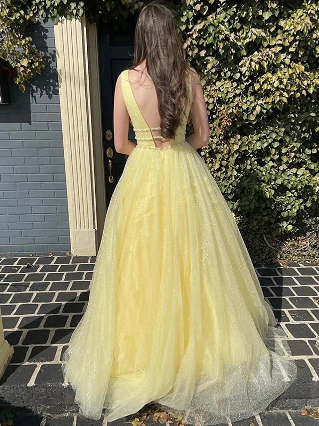 Light yellow long chiffon V-neck sleeveless backless mop dance evening dress